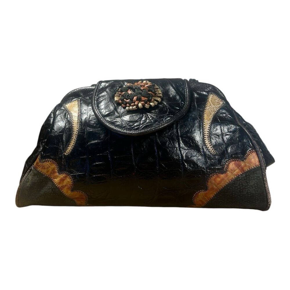 Genuine Leather by Reem USA Vintage Black Croc Embossed Bag Patchwork